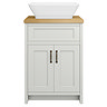 Chatsworth 610mm Grey Countertop Vanity with Beech Worktop, Rectangular Gloss White Basin & Antique Brass Handles