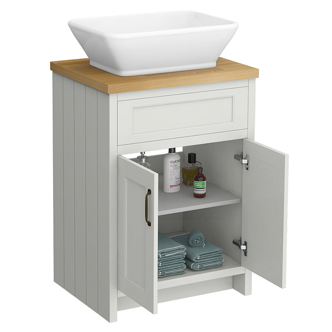 Chatsworth 610mm Grey Countertop Vanity with Beech Worktop, Rectangular Gloss White Basin & Antique Brass Handles