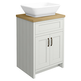 Chatsworth 610mm Grey Countertop Vanity with Beech Worktop, Rectangular Gloss White Basin & Antique Brass Handles