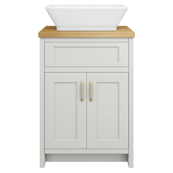 Chatsworth 610mm Grey Countertop Vanity with Beech Worktop, Rectangular Gloss White Basin & Brushed Brass Handles
