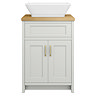 Chatsworth 610mm Grey Countertop Vanity with Beech Worktop, Rectangular Gloss White Basin & Brushed Brass Handles