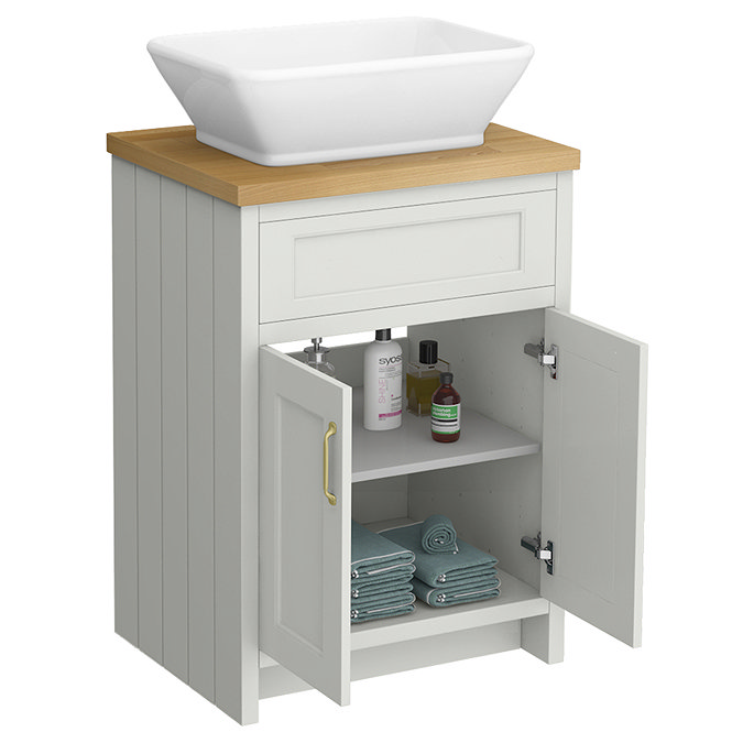 Chatsworth 610mm Grey Countertop Vanity with Beech Worktop, Rectangular Gloss White Basin & Brushed Brass Handles