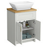 Chatsworth 610mm Grey Countertop Vanity with Beech Worktop, Rectangular Gloss White Basin & Brushed Brass Handles