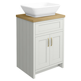 Chatsworth 610mm Grey Countertop Vanity with Beech Worktop, Rectangular Gloss White Basin & Brushed Brass Handles