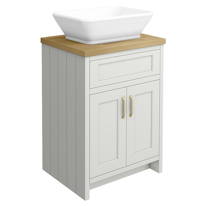 Chatsworth 610mm Grey Countertop Vanity with Beech Worktop, Rectangular Gloss White Basin & Brushed Brass Handles
