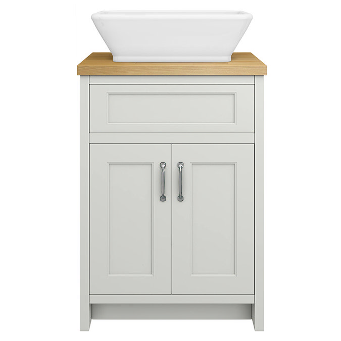 Chatsworth 610mm Grey Countertop Vanity with Beech Worktop, Rectangular Gloss White Basin & Chrome Handles