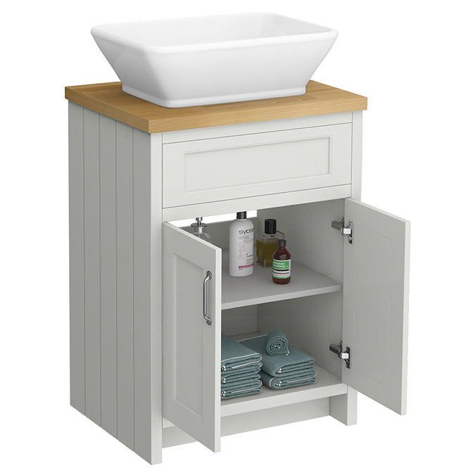 Chatsworth 610mm Grey Countertop Vanity with Beech Worktop, Rectangular Gloss White Basin & Chrome Handles
