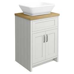 Chatsworth 610mm Grey Countertop Vanity with Beech Worktop, Rectangular Gloss White Basin & Chrome Handles
