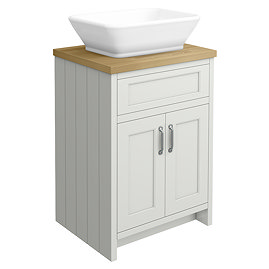 Chatsworth 610mm Grey Countertop Vanity with Beech Worktop, Rectangular Gloss White Basin & Chrome Handles