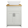 Chatsworth 610mm Grey Countertop Vanity with Beech Worktop, Rectangular Gloss White Basin & Matt Black Handles