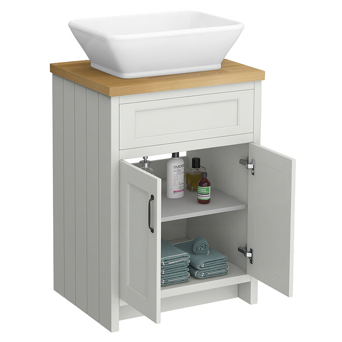Chatsworth 610mm Grey Countertop Vanity with Beech Worktop, Rectangular Gloss White Basin & Matt Black Handles