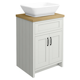 Chatsworth 610mm Grey Countertop Vanity with Beech Worktop, Rectangular Gloss White Basin & Matt Black Handles