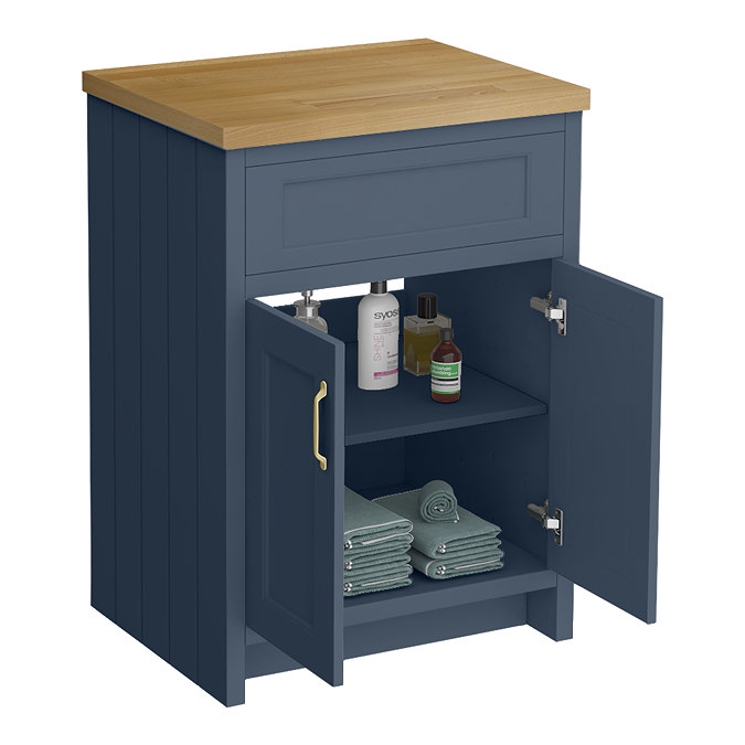 Chatsworth 610mm Traditional Blue Countertop Vanity with Beech Worktop & Brushed Brass Handles