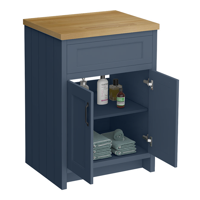 Chatsworth 610mm Traditional Blue Countertop Vanity with Beech Worktop & Matt Black Handles