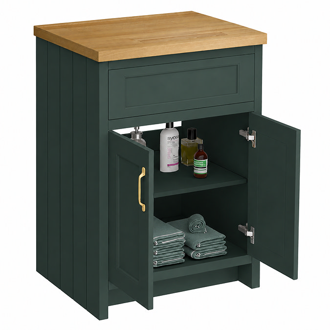 Chatsworth 610mm Traditional Green Countertop Vanity with Beech Worktop & Brushed Brass Handles