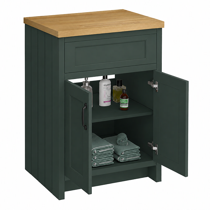 Chatsworth 610mm Traditional Green Countertop Vanity with Beech Worktop & Matt Black Handles