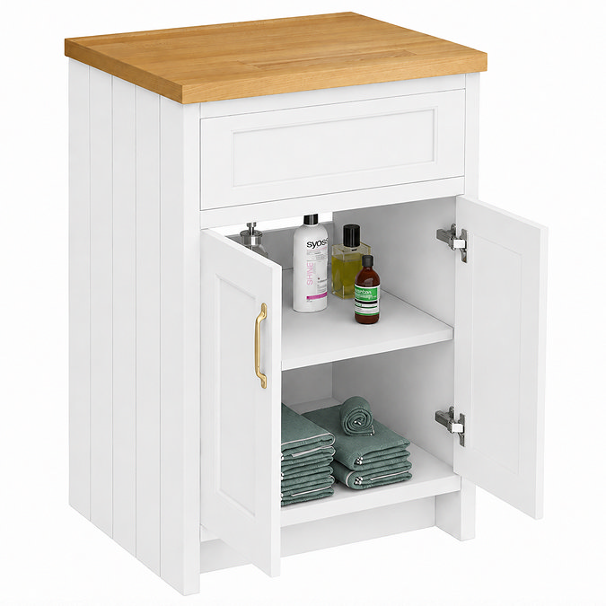 Chatsworth 610mm Traditional White Countertop Vanity Unit with Solid Beech Wood Worktop & Brushed Brass Handles