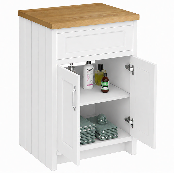 Chatsworth 610mm Traditional White Countertop Vanity Unit with Solid Beech Wood Worktop & Chrome Handles