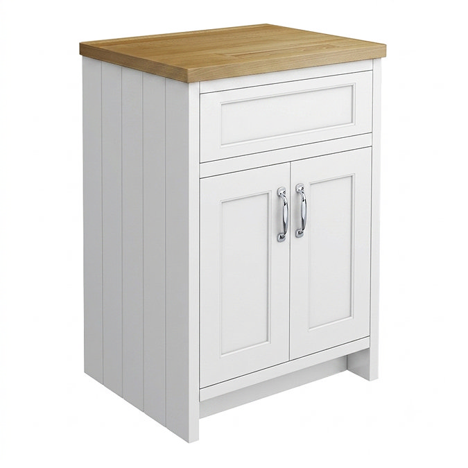 Chatsworth 610mm Traditional White Countertop Vanity Unit with Solid Beech Wood Worktop & Chrome Handles