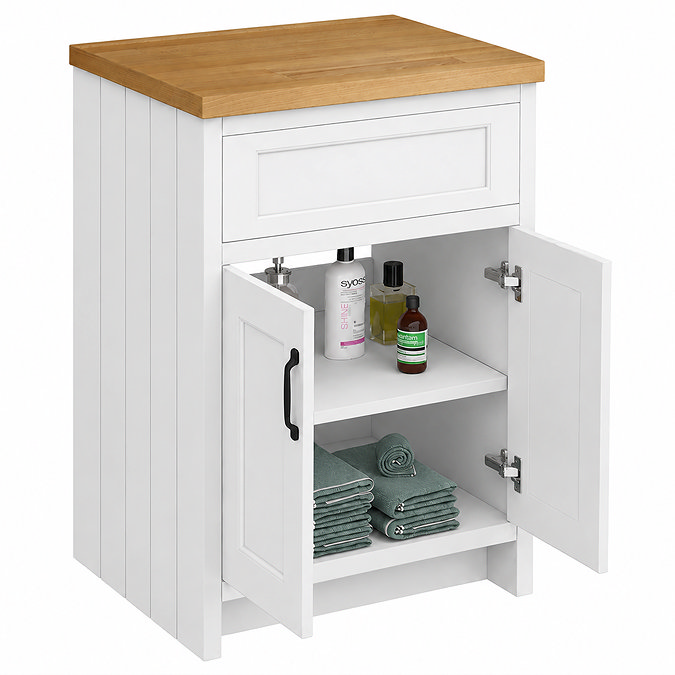 Chatsworth 610mm Traditional White Countertop Vanity Unit with Solid Beech Wood Worktop & Matt Black Handles