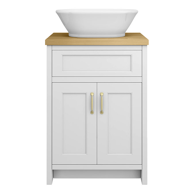 Chatsworth 610mm White Countertop Vanity with Beech Worktop, Oval Gloss White Basin & Brushed Brass Handles