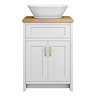 Chatsworth 610mm White Countertop Vanity with Beech Worktop, Oval Gloss White Basin & Brushed Brass Handles