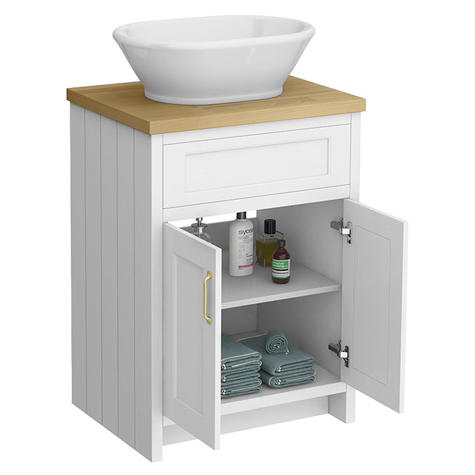 Chatsworth 610mm White Countertop Vanity with Beech Worktop, Oval Gloss White Basin & Brushed Brass Handles