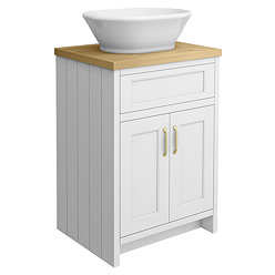 Chatsworth 610mm White Countertop Vanity with Beech Worktop, Oval Gloss White Basin & Brushed Brass Handles