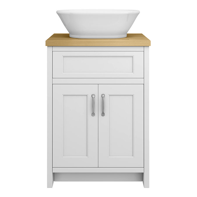 Chatsworth 610mm White Countertop Vanity with Beech Worktop, Oval Gloss White Basin & Chrome Handles