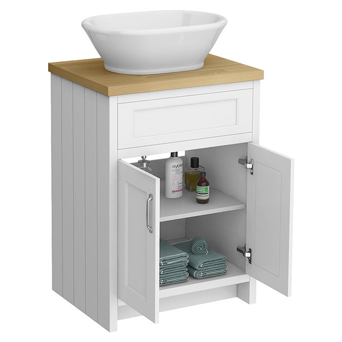 Chatsworth 610mm White Countertop Vanity with Beech Worktop, Oval Gloss White Basin & Chrome Handles