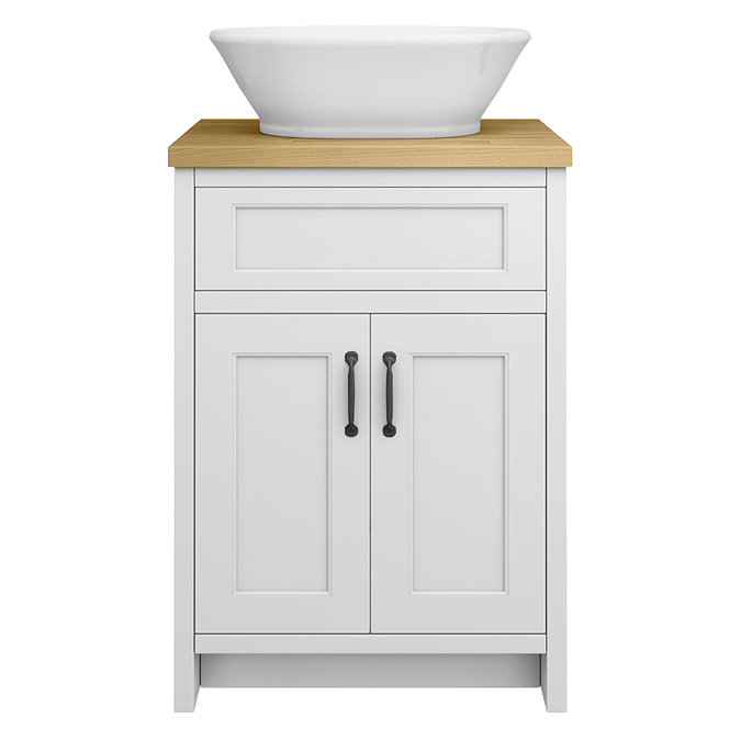 Chatsworth 610mm White Countertop Vanity with Beech Worktop, Oval Gloss White Basin & Matt Black Handles