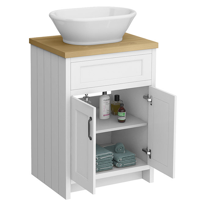 Chatsworth 610mm White Countertop Vanity with Beech Worktop, Oval Gloss White Basin & Matt Black Handles