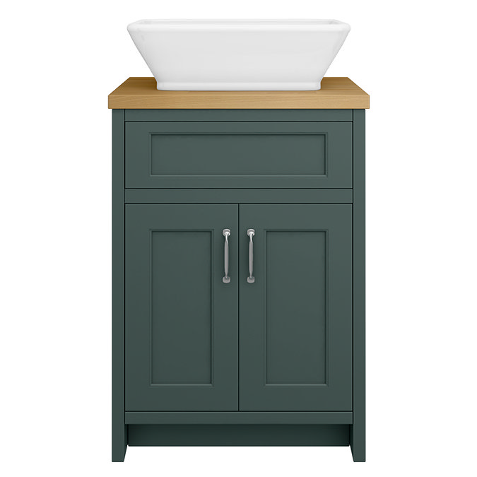 Chatsworth 610mm Green Countertop Vanity with Beech Worktop, Rectangular Gloss White Basin & Chrome Handles