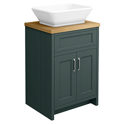 Chatsworth 610mm Green Countertop Vanity with Beech Worktop, Rectangular Gloss White Basin & Chrome Handles