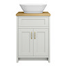 Chatsworth 610mm Grey Countertop Vanity with Beech Worktop, Oval Gloss White Basin & Brushed Brass Handles