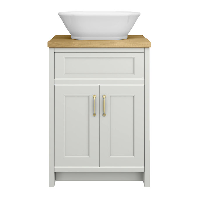 Chatsworth 610mm Grey Countertop Vanity with Beech Worktop, Oval Gloss White Basin & Brushed Brass Handles