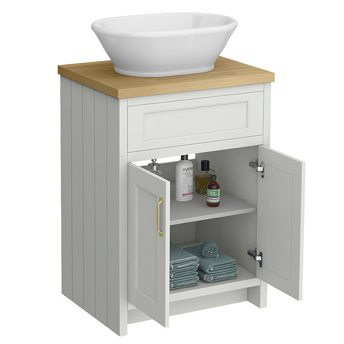 Chatsworth 610mm Grey Countertop Vanity with Beech Worktop, Oval Gloss White Basin & Brushed Brass Handles
