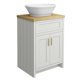 Chatsworth 610mm Grey Countertop Vanity with Beech Worktop, Oval Gloss White Basin & Brushed Brass Handles