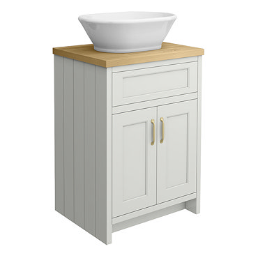 Chatsworth 610mm Grey Countertop Vanity with Beech Worktop, Oval Gloss White Basin & Brushed Brass Handles