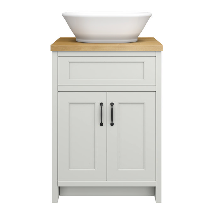 Chatsworth 610 Traditional Grey Countertop Vanity with Beech Worktop, Oval Gloss White Basin & Matt Black Handles