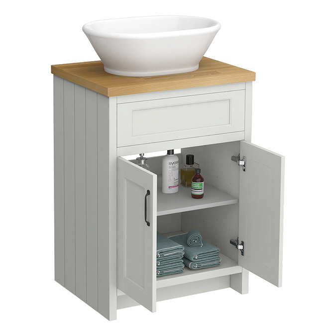 Chatsworth 610 Traditional Grey Countertop Vanity with Beech Worktop, Oval Gloss White Basin & Matt Black Handles