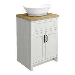 Chatsworth 610mm Grey Countertop Vanity with Beech Worktop, Oval Gloss White Basin & Matt Black Handles