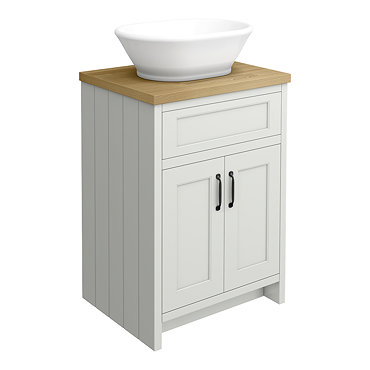 Chatsworth 610 Traditional Grey Countertop Vanity with Beech Worktop, Oval Gloss White Basin & Matt Black Handles