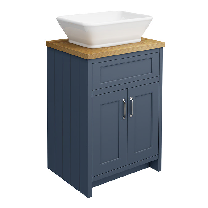 Chatsworth 610mm Blue Countertop Vanity with Beech Worktop, Rectangular Gloss White Basin & Chrome Handles