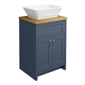 Chatsworth 610mm Traditional Blue Countertop Vanity with Beech Worktop, Rectangular Gloss White Basin & Chrome Handles