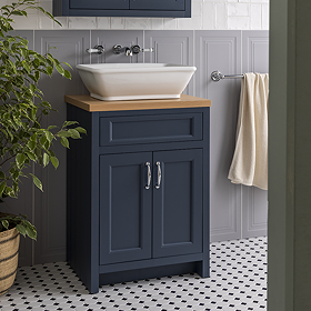 Chatsworth 610mm Blue Countertop Vanity with Beech Worktop, Rectangular Gloss White Basin & Chrome Handles