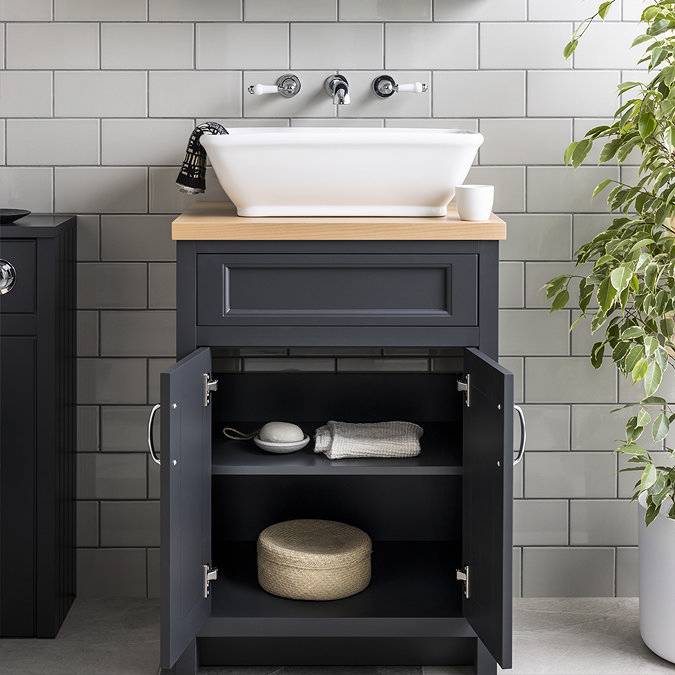 Chatsworth 610mm Traditional Graphite Countertop Vanity with Beech Worktop & Chrome Handles