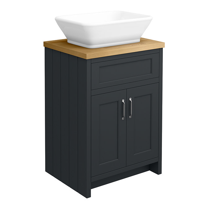 Chatsworth 610mm Graphite Countertop Vanity with Beech Worktop, Rectangular Gloss White Basin & Chrome Handles