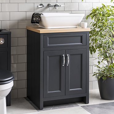 Chatsworth 610mm Traditional Graphite Countertop Vanity with Beech Worktop, Rectangular Gloss White Basin & Chrome Handles