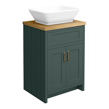 Chatsworth 610mm Traditional Green Countertop Vanity with Beech Worktop, Rectangular Gloss White Basin & Antique Brass Handles